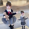 The 2023 autumn new collection features a three-piece Korean-style bear cardigan, pleated skirt and shirt for girls, middle-aged and young children details Picture